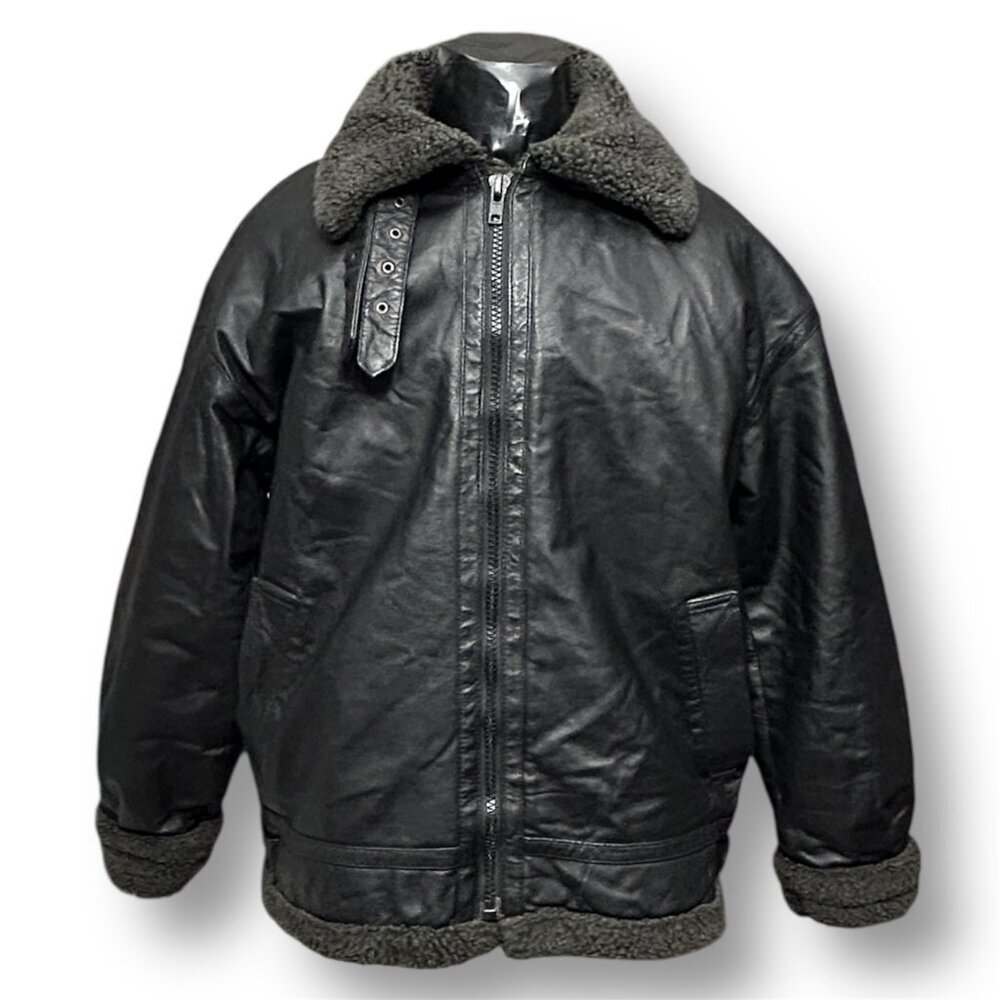 Wilda Black Leather Bomber Jacket with Dark Gray Shearling